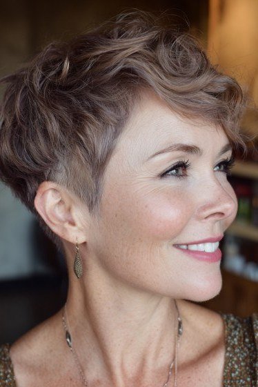 Curly Brown Pixie, Tousled - bold edgy pixie haircut for women over 50