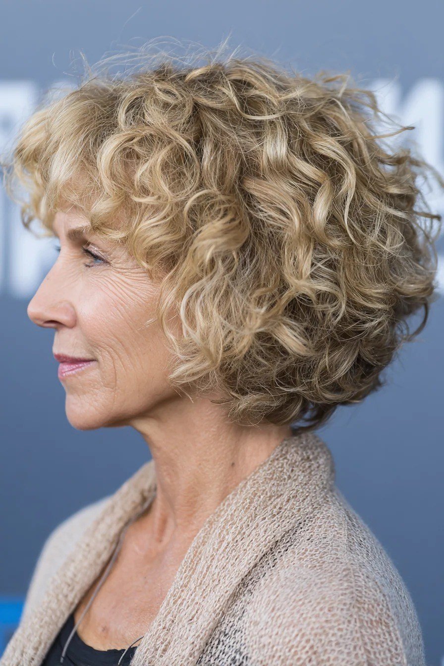 Clean blonde curly lob, side view, woman over 60