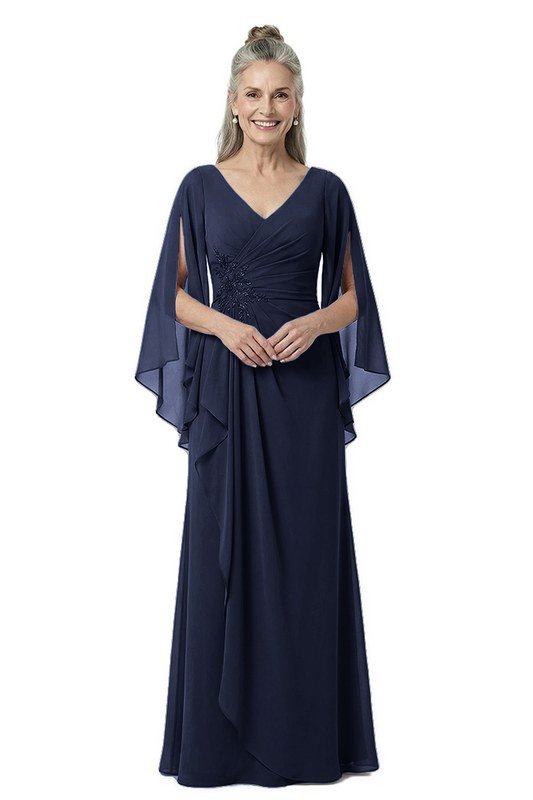 navy chiffon cape-sleeve gown