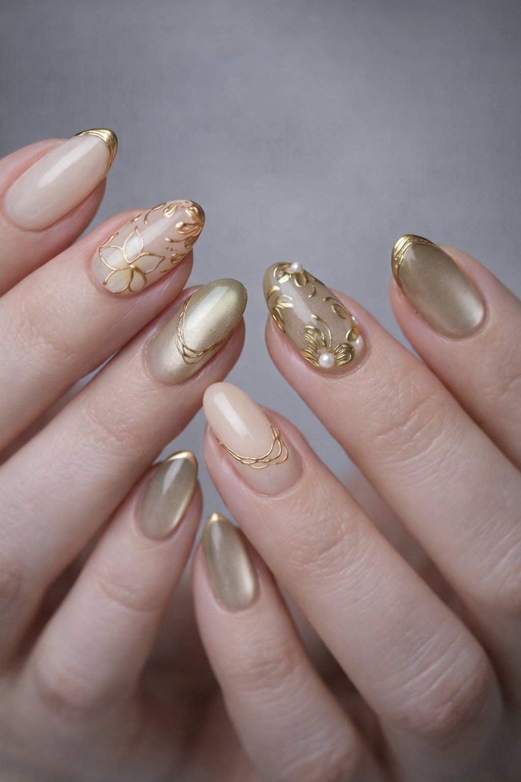 Gold Champagne Nails with Art Accents, understated glam nail color for women over 60