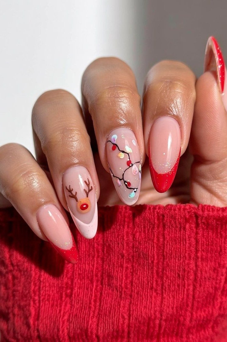 Red French tips with reindeer and Christmas lights string art - classy Christmas nail idea for women over 70