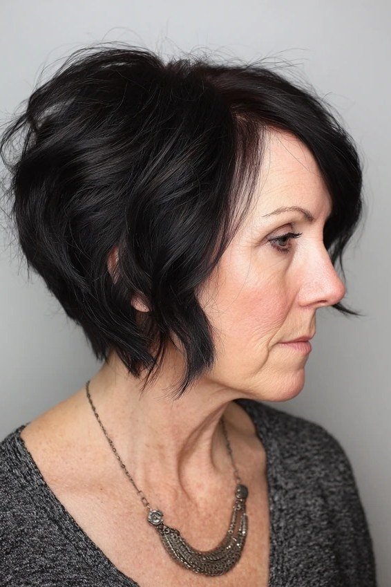 Jet Black Textured Bob - trendy layered bob hairstyle for women over 50