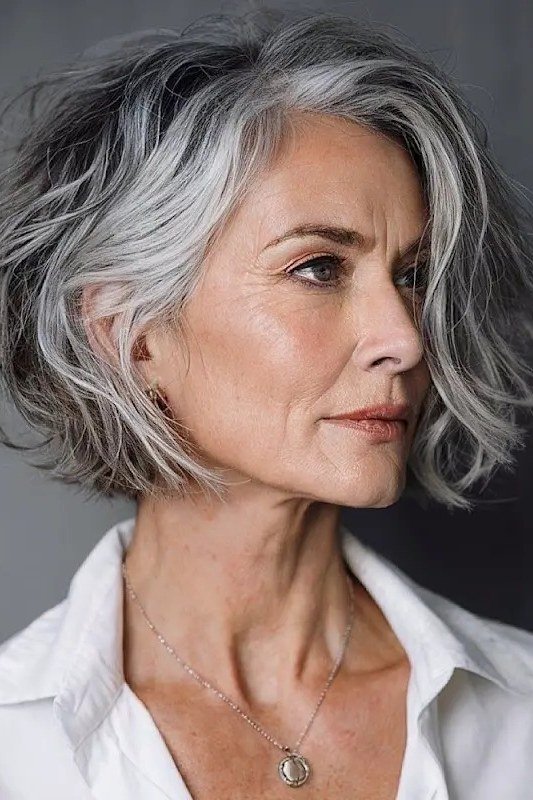 Warm Brown Bob with Bangs - short wavy bob hairstyle for women over 60