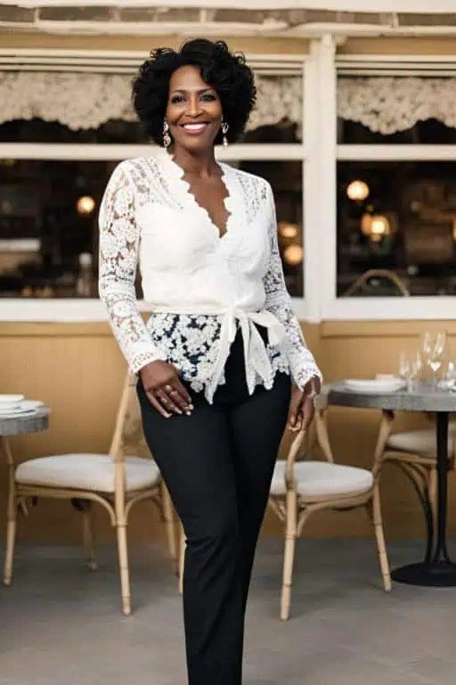 Black woman in white lace peplum top with black trousers at cafe