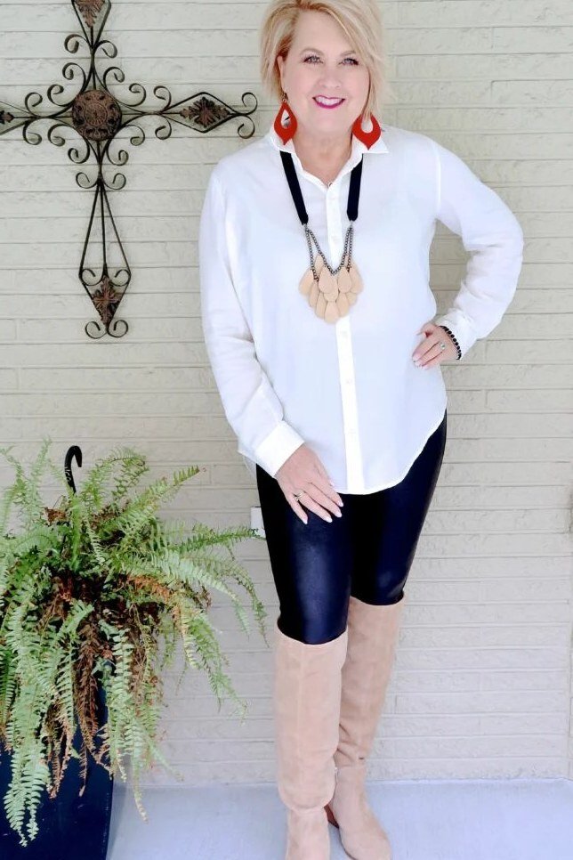 White Shirt with Over-the-Knee Boots - fall outfit for women over 40