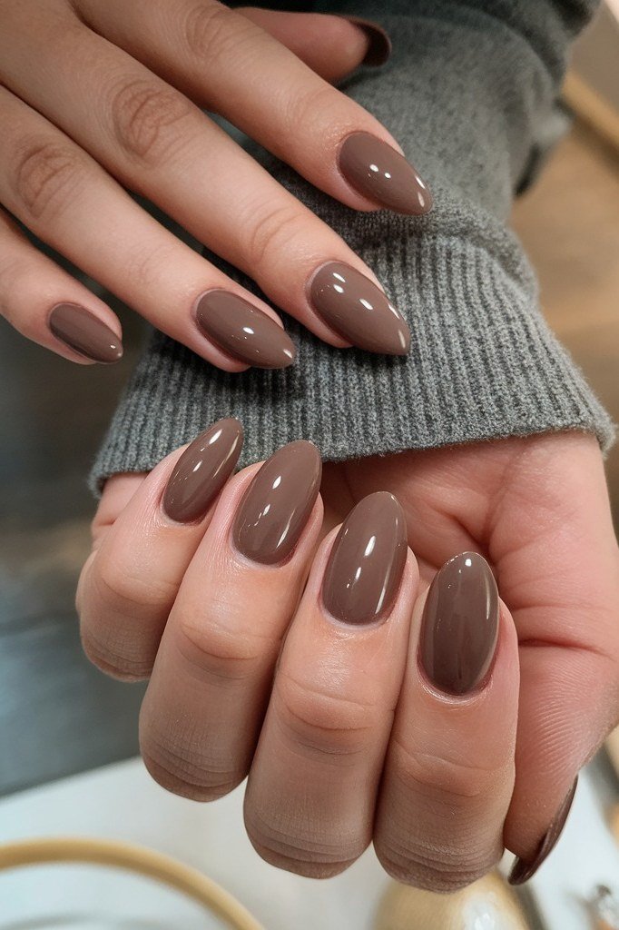 Rich Chocolate Brown Almond Nails for women over 60