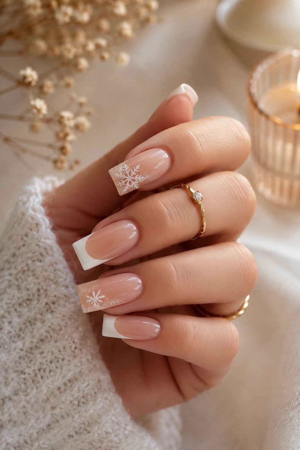 nude french with snowflake, white sweater