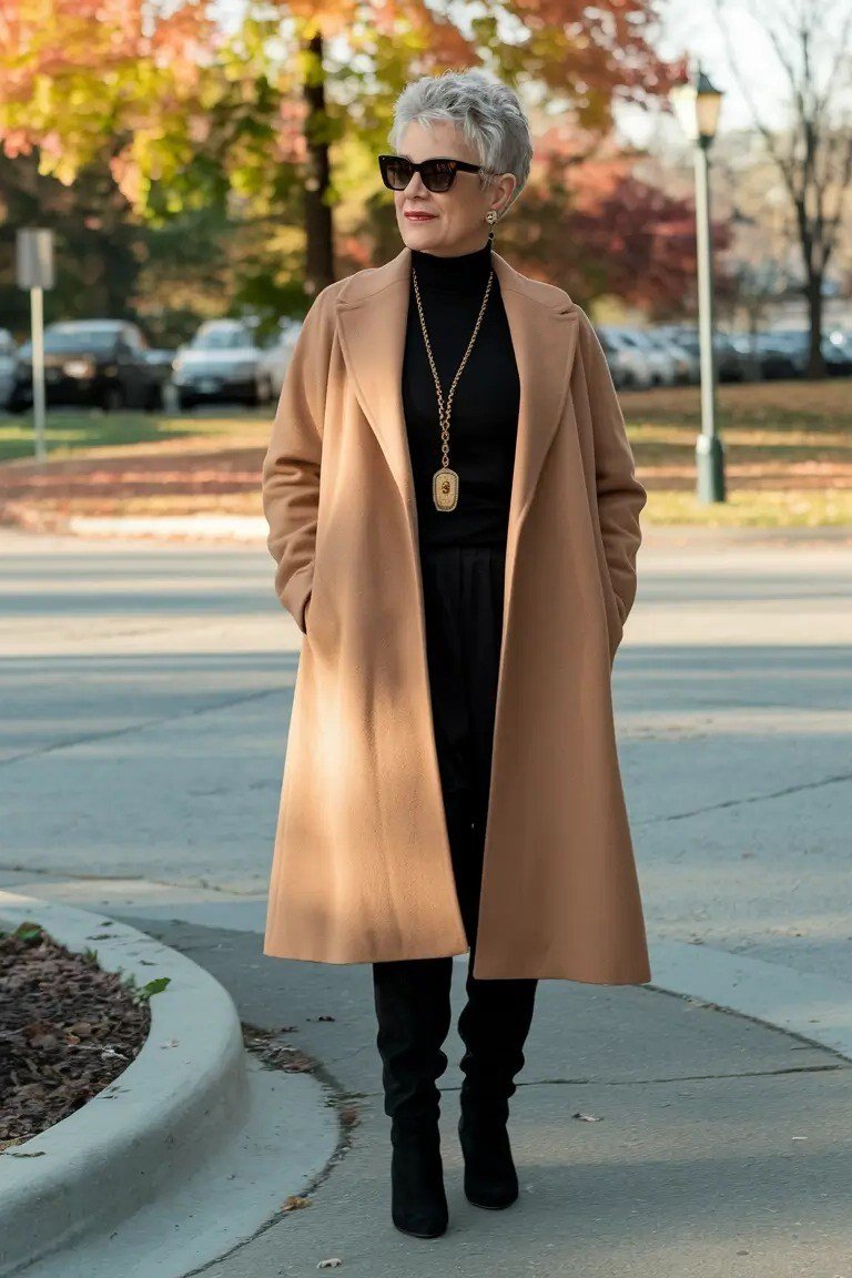 Effortlessly chic fall outfit for women over 60: camel coat over black turtleneck with black tote