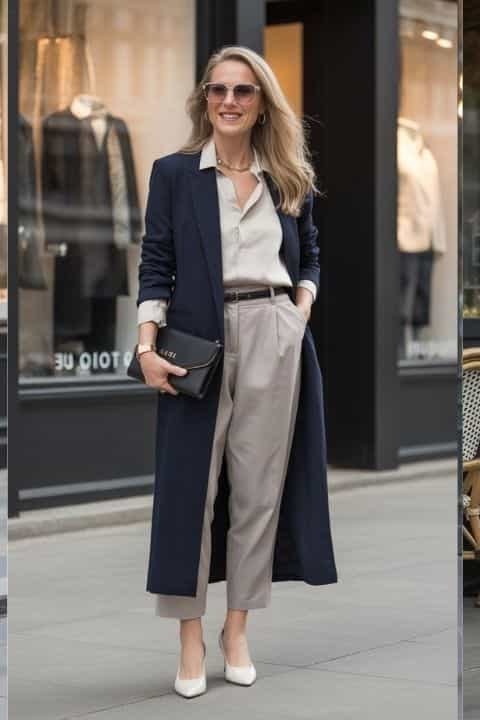 Elegant fall outfit for women over 70: navy blazer with beige trousers
