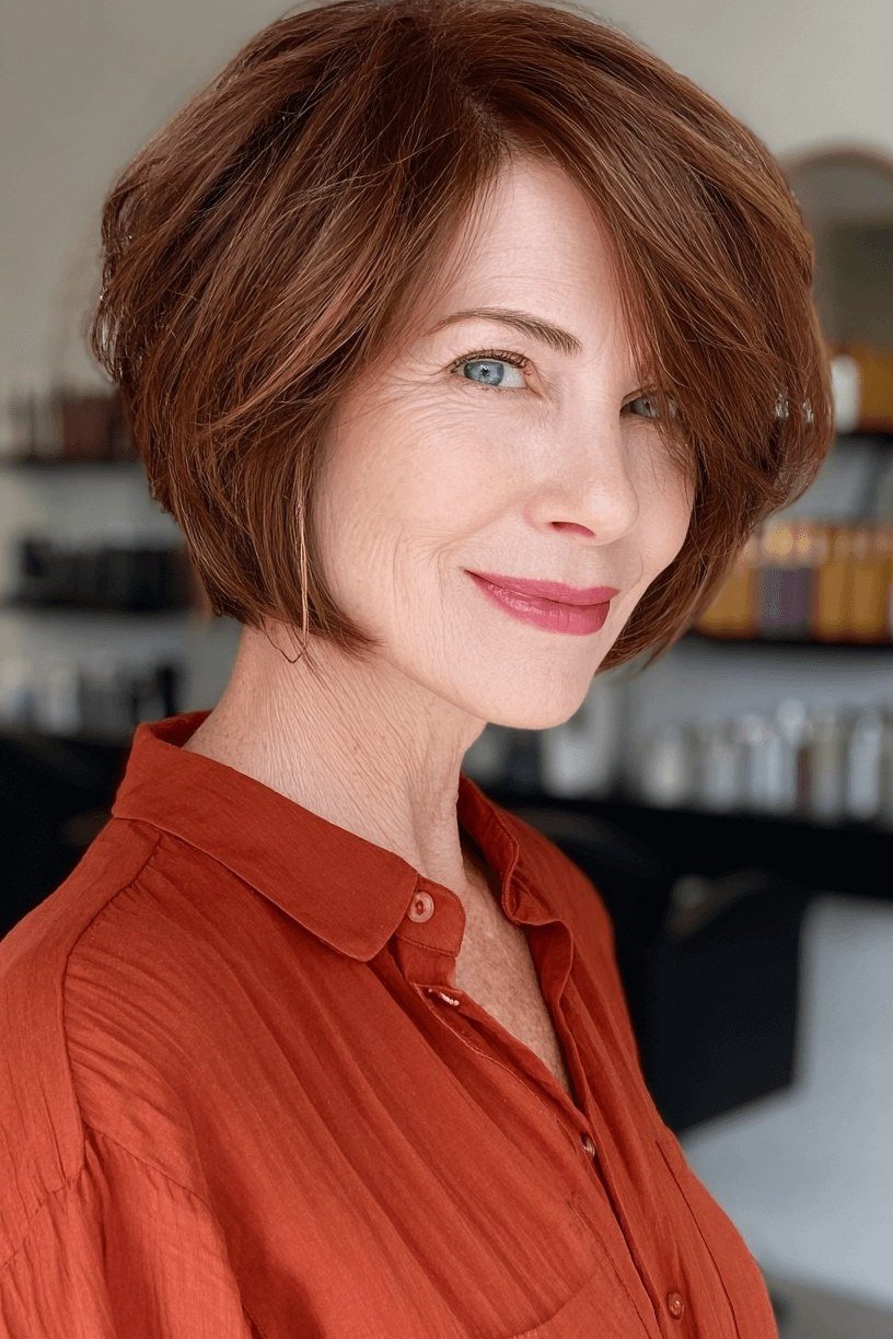 36. Auburn Layered Bob - wash and wear hairstyle for older women