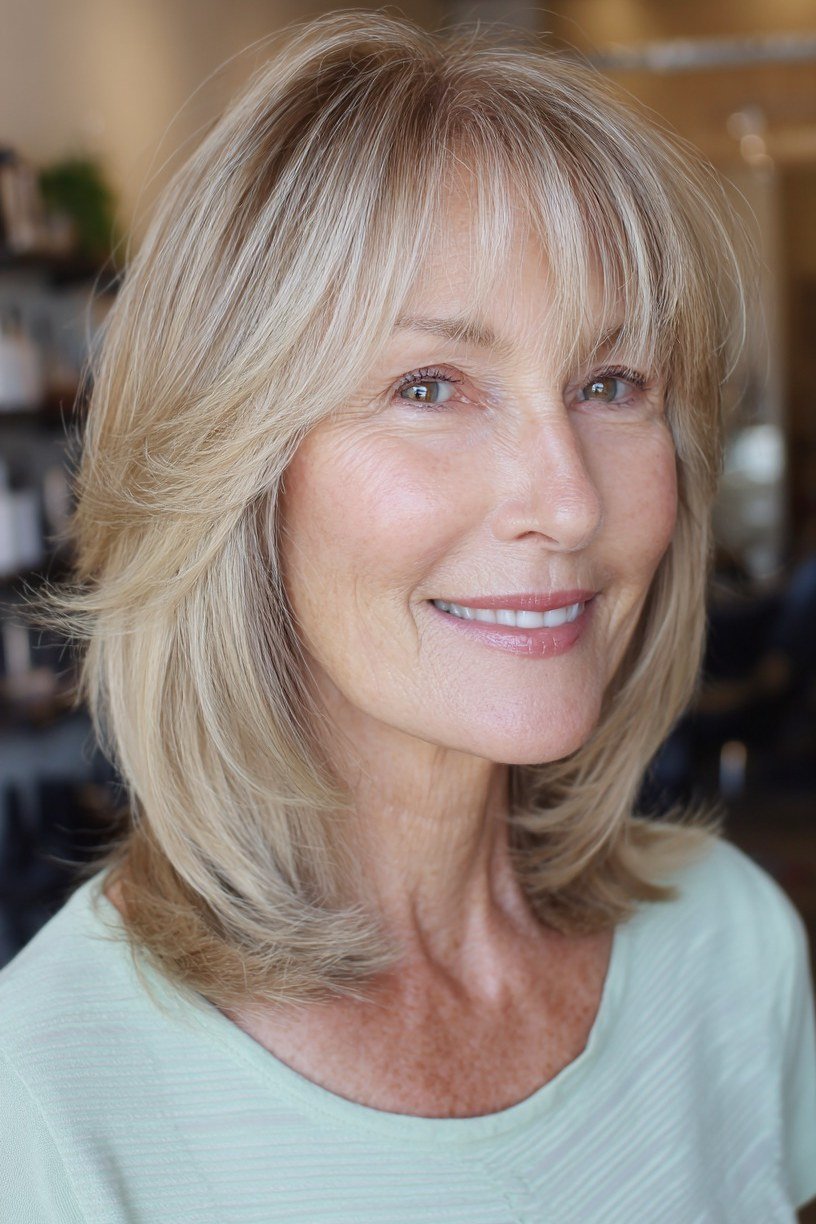 Blonde feathered mid length hair for women over 50