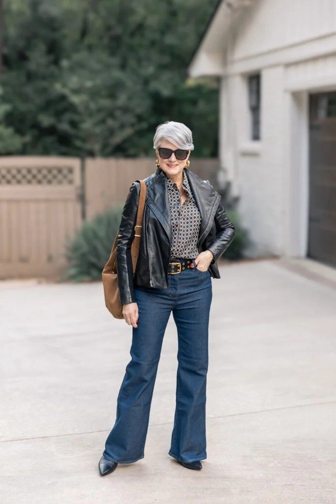 Black Leather Jacket with Flared Jeans - fall outfit idea for women over 50
