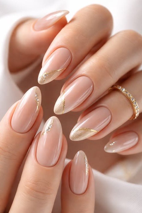 Nude Almond with Gold French nail design for women over 40