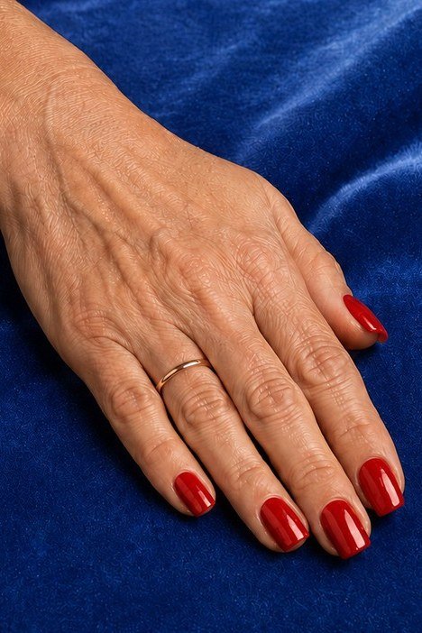 red nails on rich blue velvet for older women