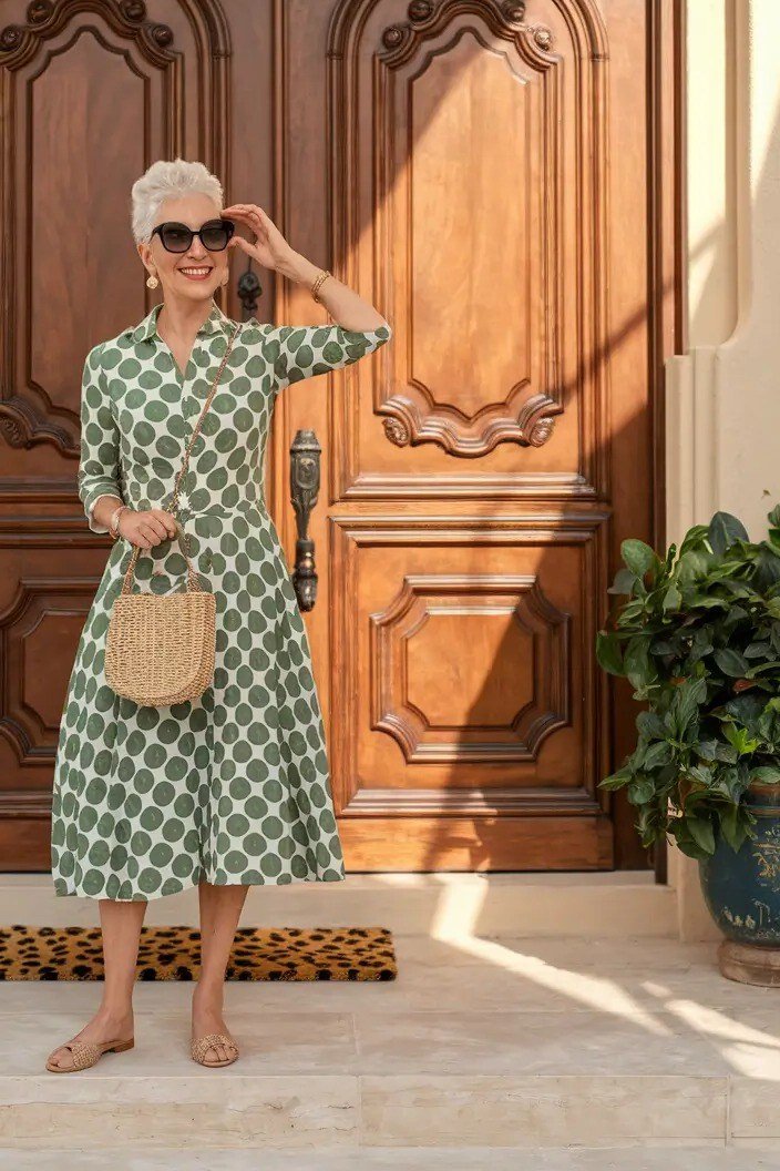 Older woman in a green-and-white polka-dot midi dress with a straw bag, standing in a doorway - summer dress for women over 50