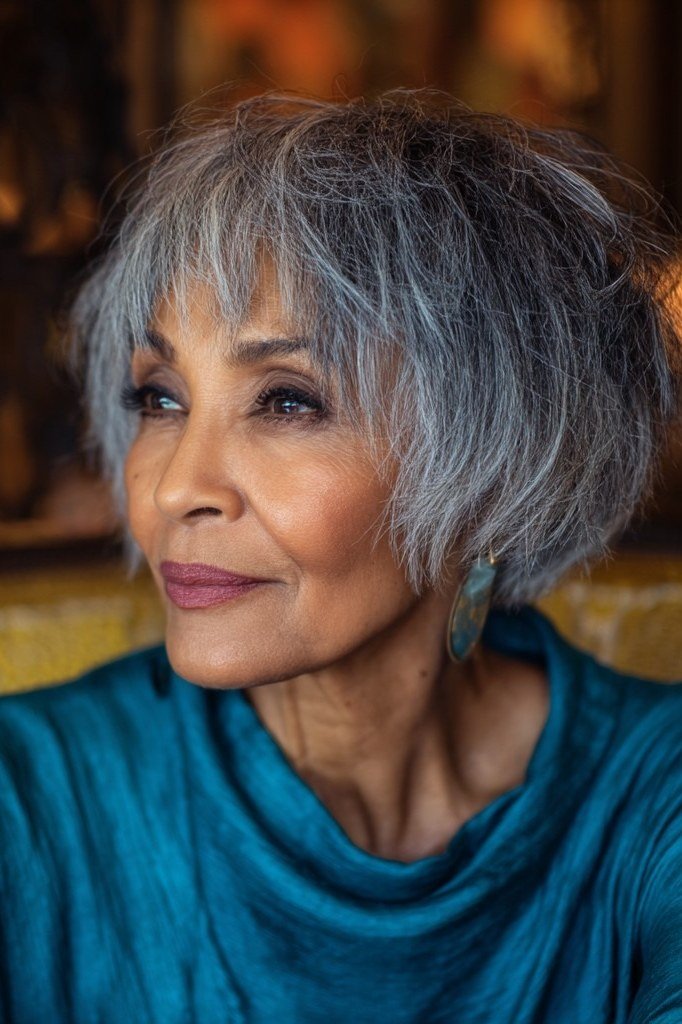 Silver gray choppy bob with bangs for women over 60, three quarter view