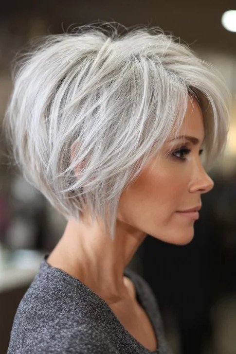 Tousled silver-white french bob with airy layers