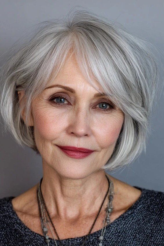 Sleek Silver Bob with Shine - grey shoulder length hairstyle for women over 60