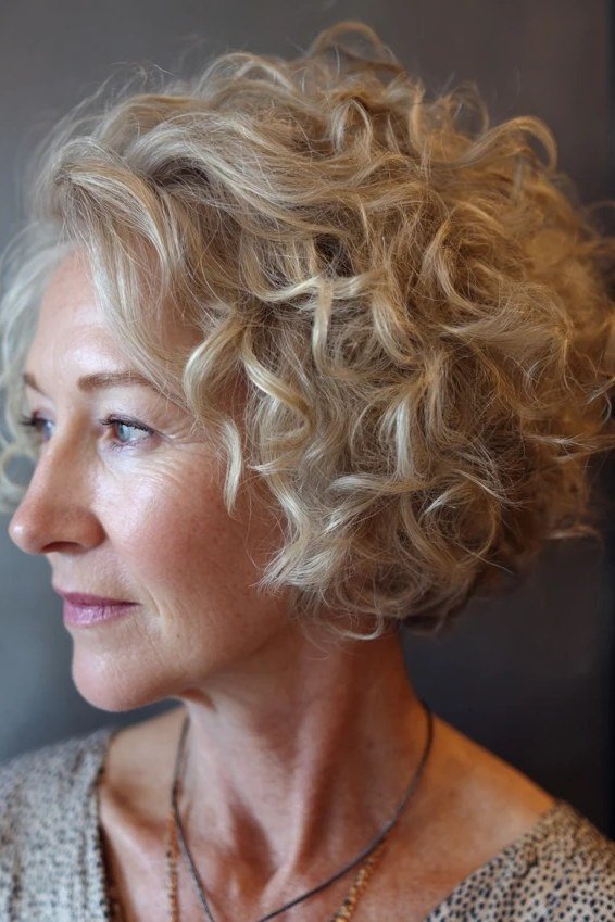 Blonde Curly Bob Side View - short curly hairstyle for women over 60