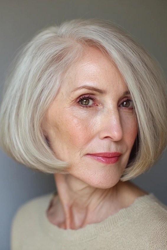 white sleek bob, front view for women over 50