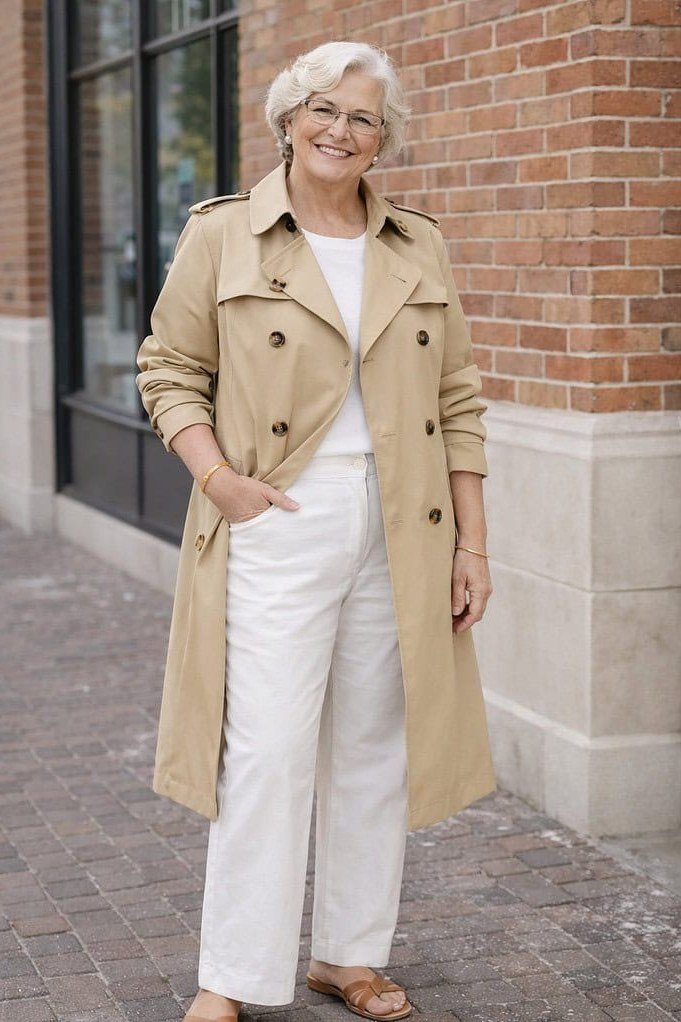 Woman over 60 wearing a camel trench coat over a white top and white trousers