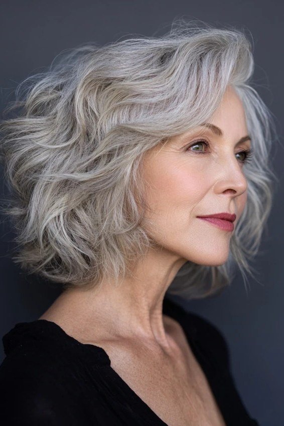 Short silver wavy lob for women over 60