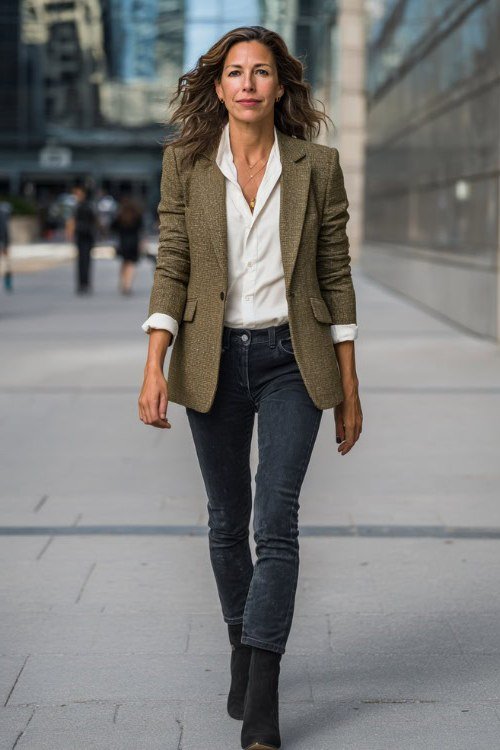 Olive blazer with a white shirt, dark skinny jeans, and black ankle boots, smart weekend outfit for women over 40