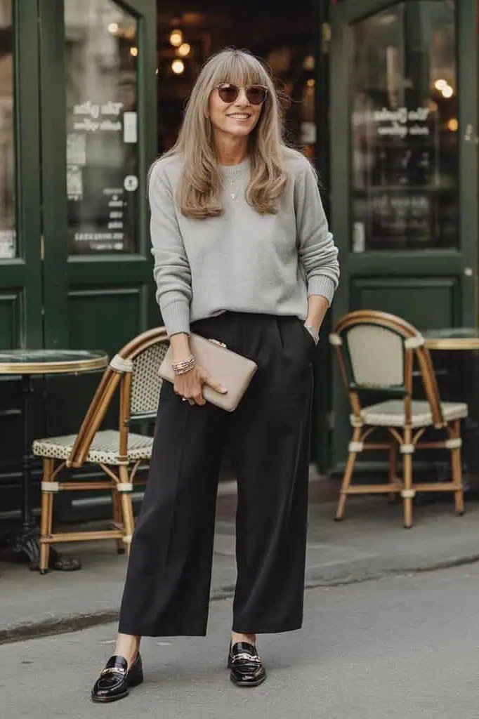 Gray sweatshirt with black wide-leg trousers, black loafers and cream clutch