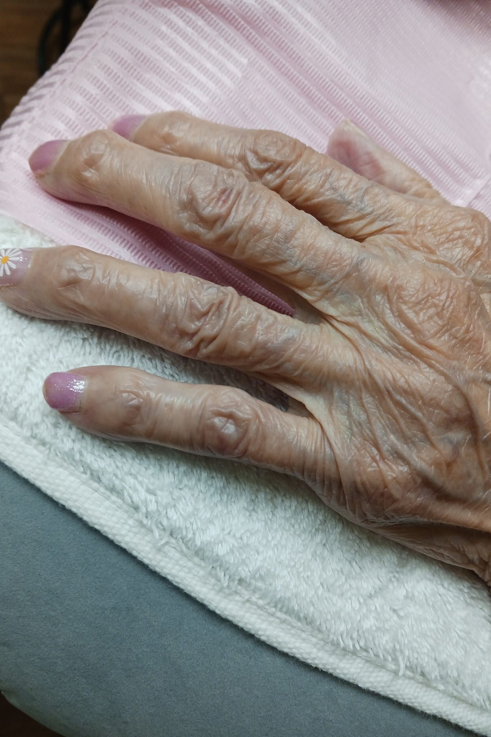 Deep plum nail polish on a mature hand for fall