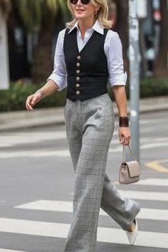 Black vest white shirt grey plaid trousers, blonde woman crossing street - business casual work outfit for women over 50