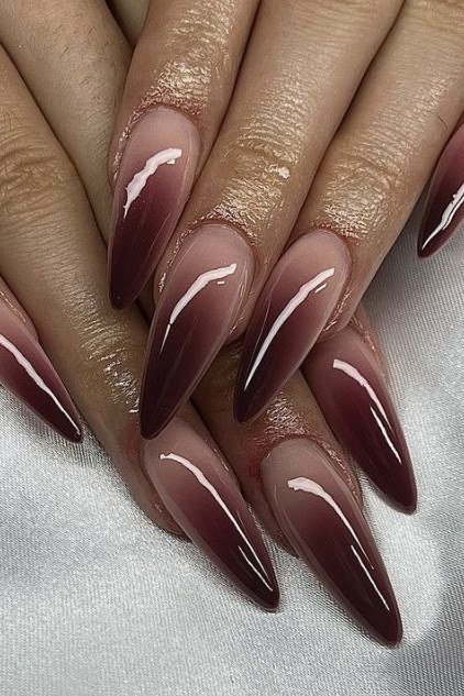 Burgundy ombre stiletto, long nails, ombre nail design for women over 60