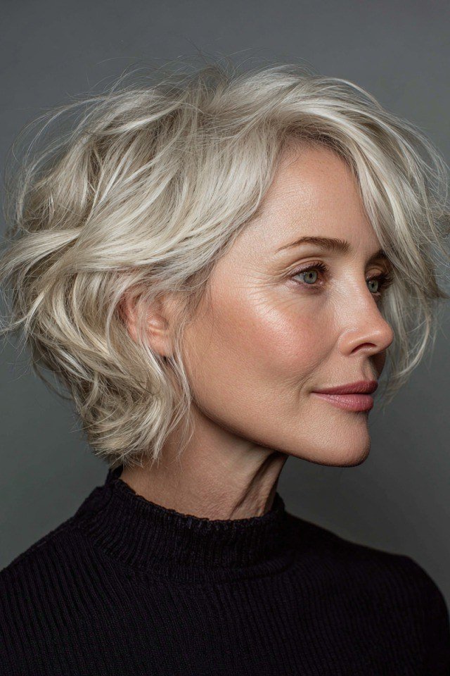 Dimensional Silver Wavy Bob, chic bob haircut for women over 50