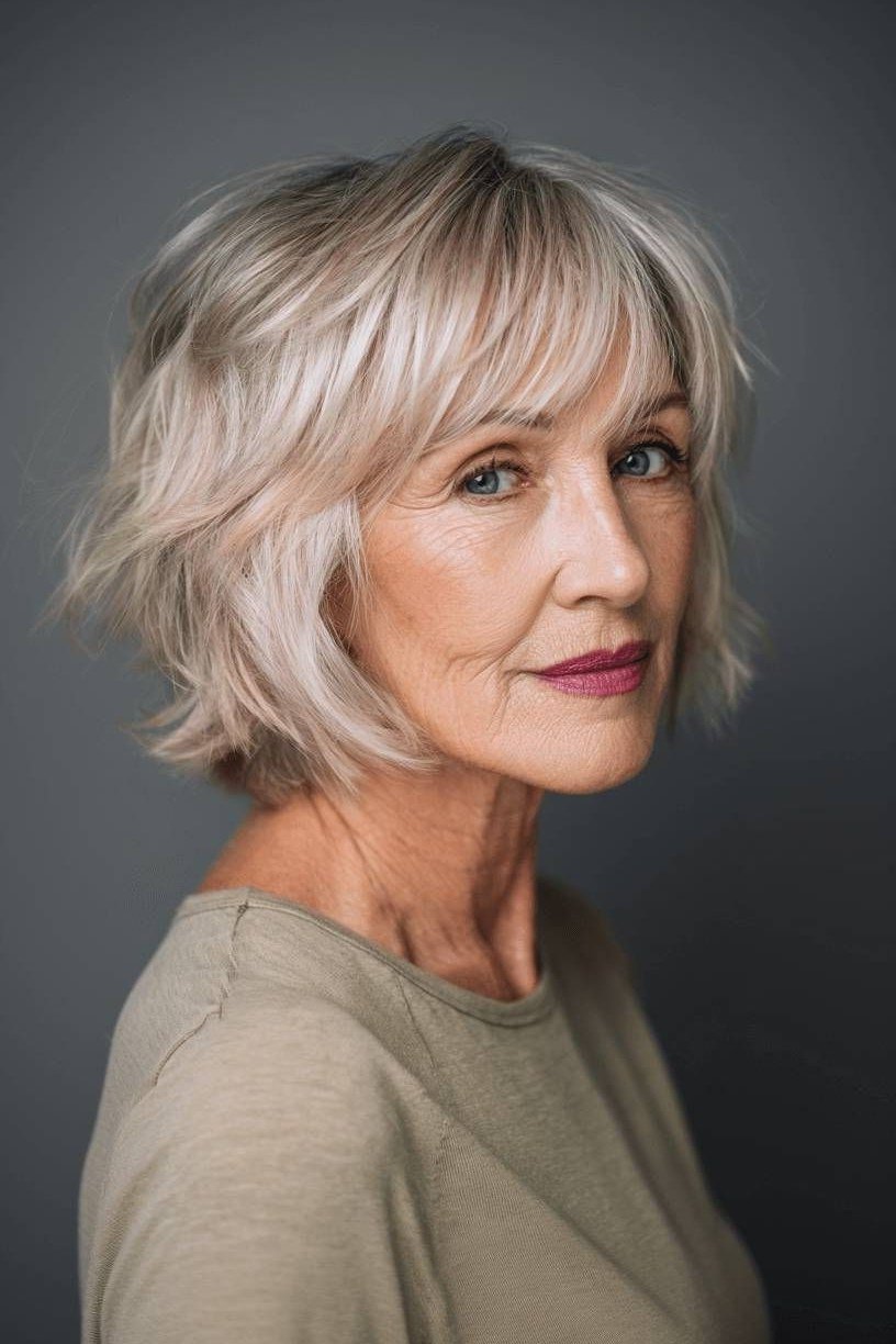 Choppy bob hairstyle for women over 60: blonde bob side olive top