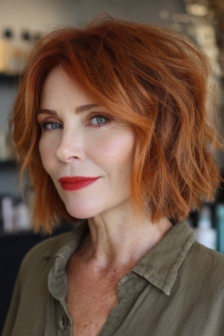Copper wavy chin-length shaggy bob haircut for women over 40
