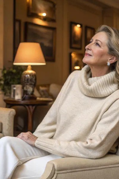 Stylish winter outfit for women over 60: cream turtleneck lounge set relaxing in a fireside armchair