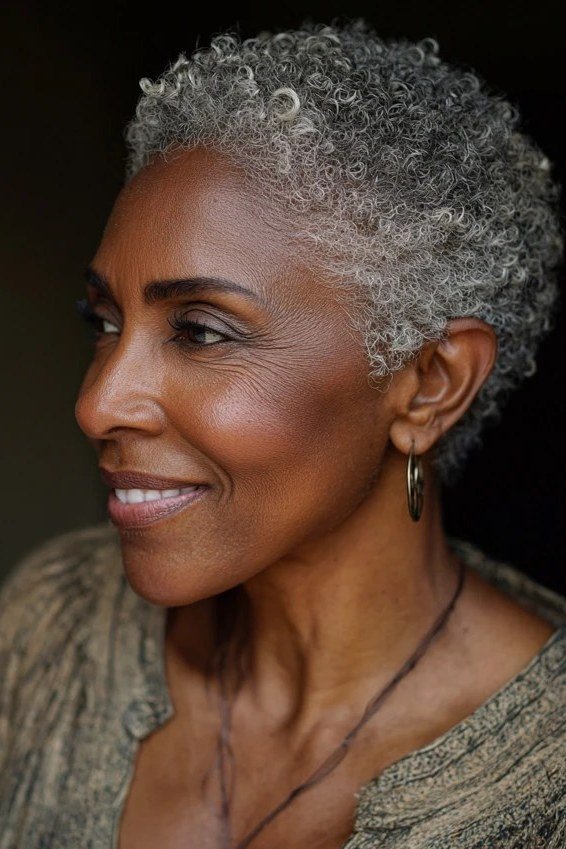 Silver curly afro crop for older Black women