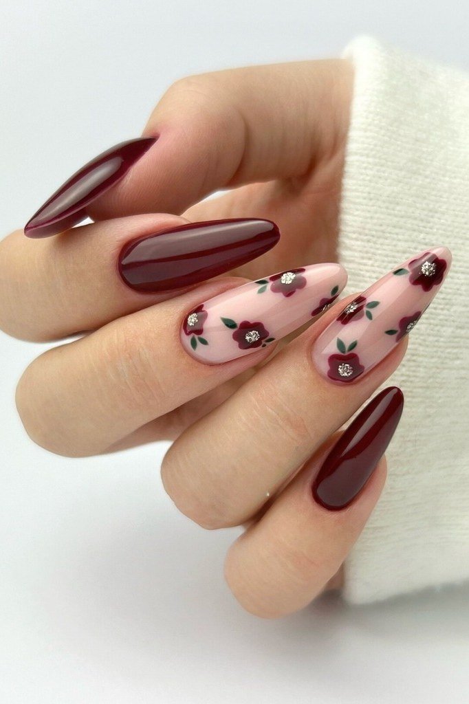 Burgundy with burgundy floral art almond, elegant fall nail design for women over 40