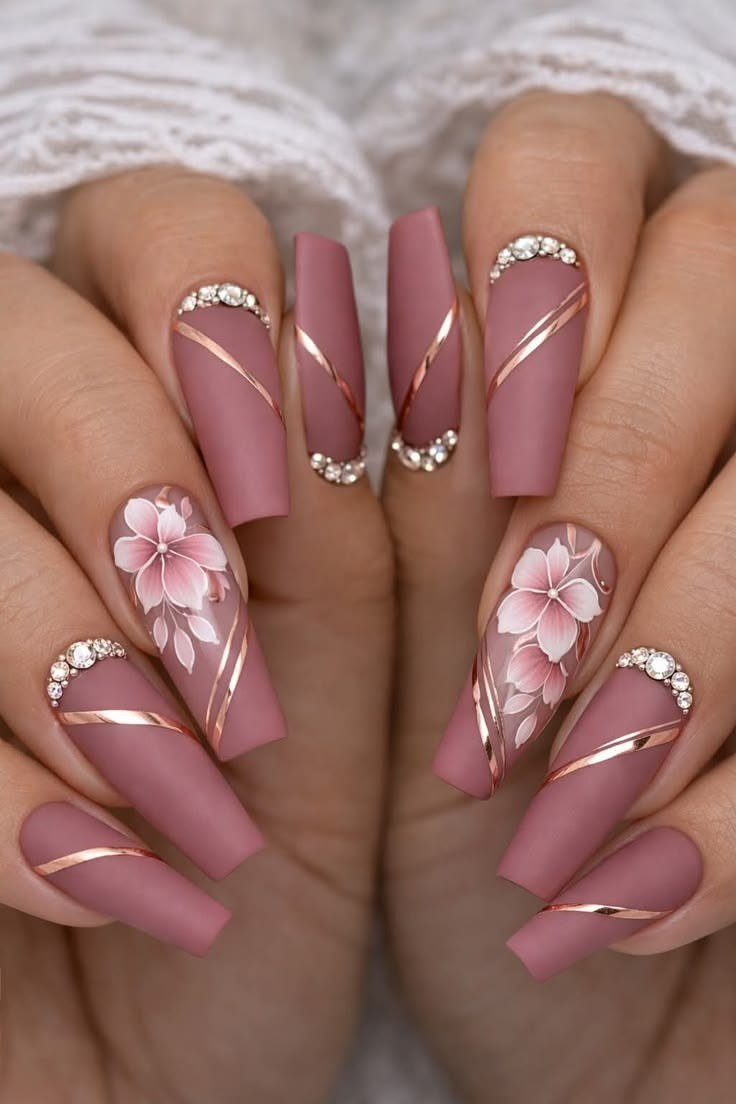 Mauve Coffin Nails with Pink Floral Line Art, elegant mauve nail idea for women over 60