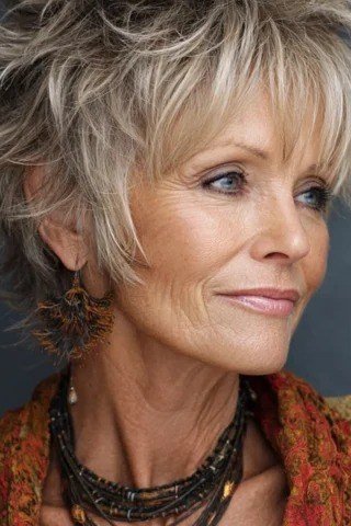 Shaggy grey pixie with piecey ends - trendy short haircut for older women with fine hair