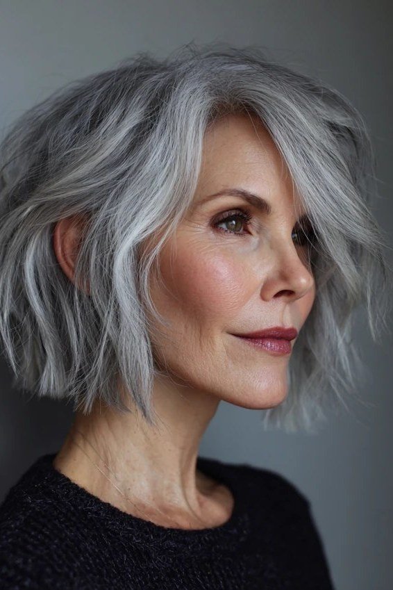 Silver Tousled Layered Shag - shaggy bob haircut for women over 60
