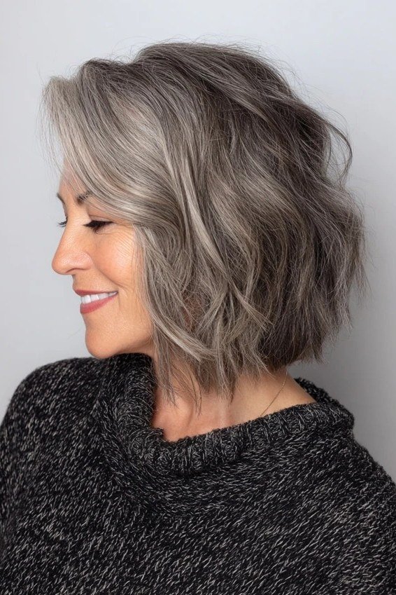 chin length silver bob haircut, three quarter view