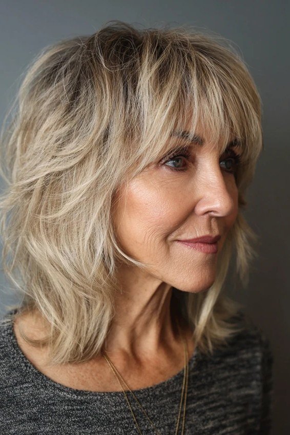 Blonde layered shoulder hair, side view, woman in her 60s