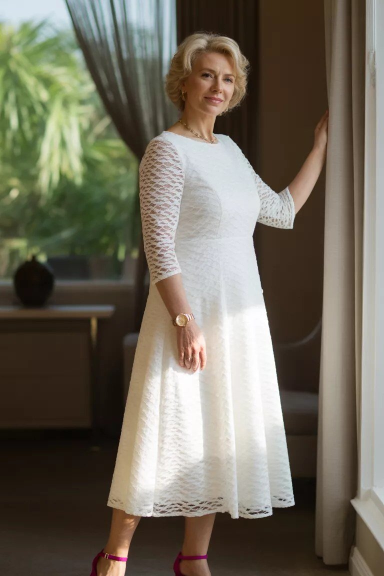 white lace midi dress with pink heels, interior,, elegant wedding guest dress for women over 60