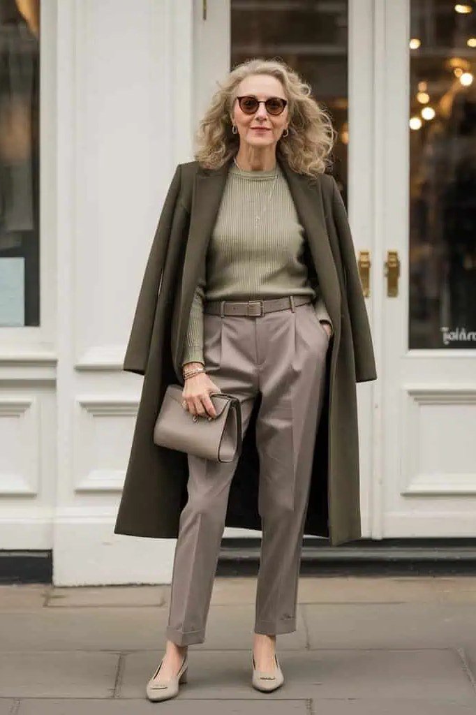 Olive green wool coat with beige knit and taupe trousers for women over 50
