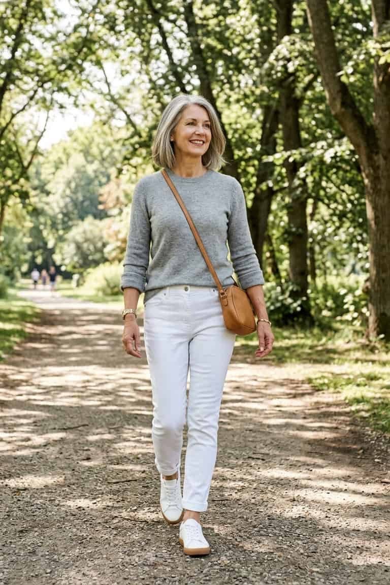 Easy casual outfit idea for women over 50: gray sweater and white jeans, older woman everyday style