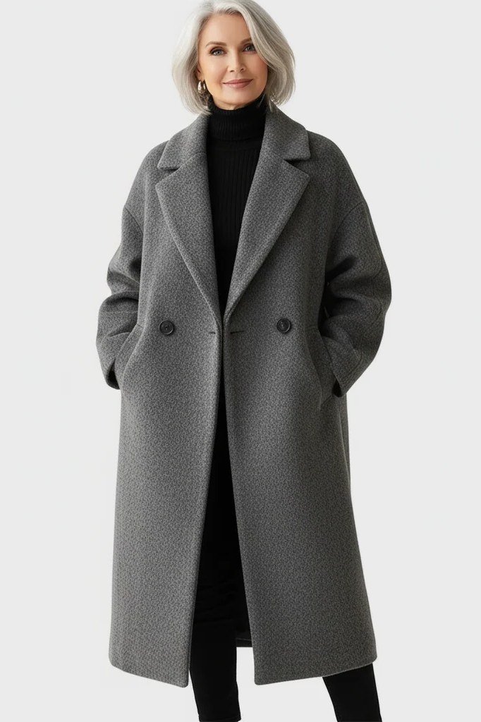 grey double breasted wool coat church outfit for women over 60