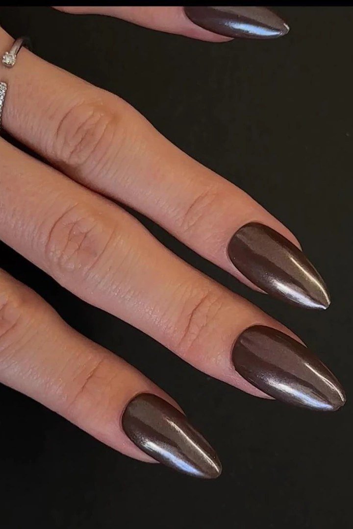 Long Dark Chocolate Chrome Almond Nails, chocolate brown fall nail design for women over 60