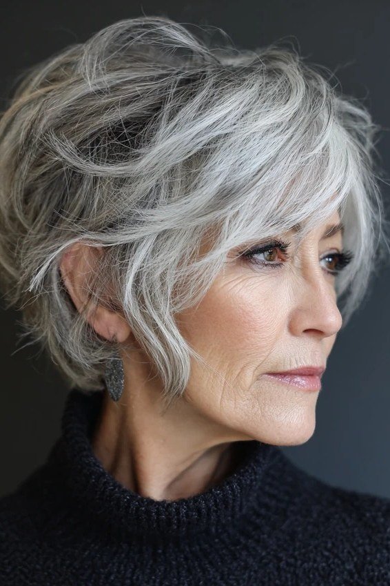 layered salt and pepper shag haircut for older women, side view