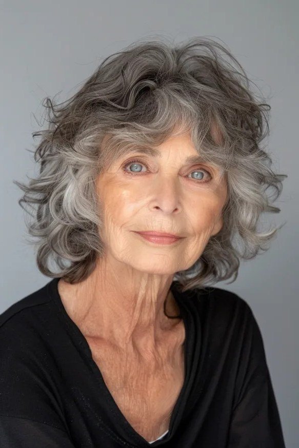 Gray curly bob, front view, natural volume, timeless hairstyle for women over 70