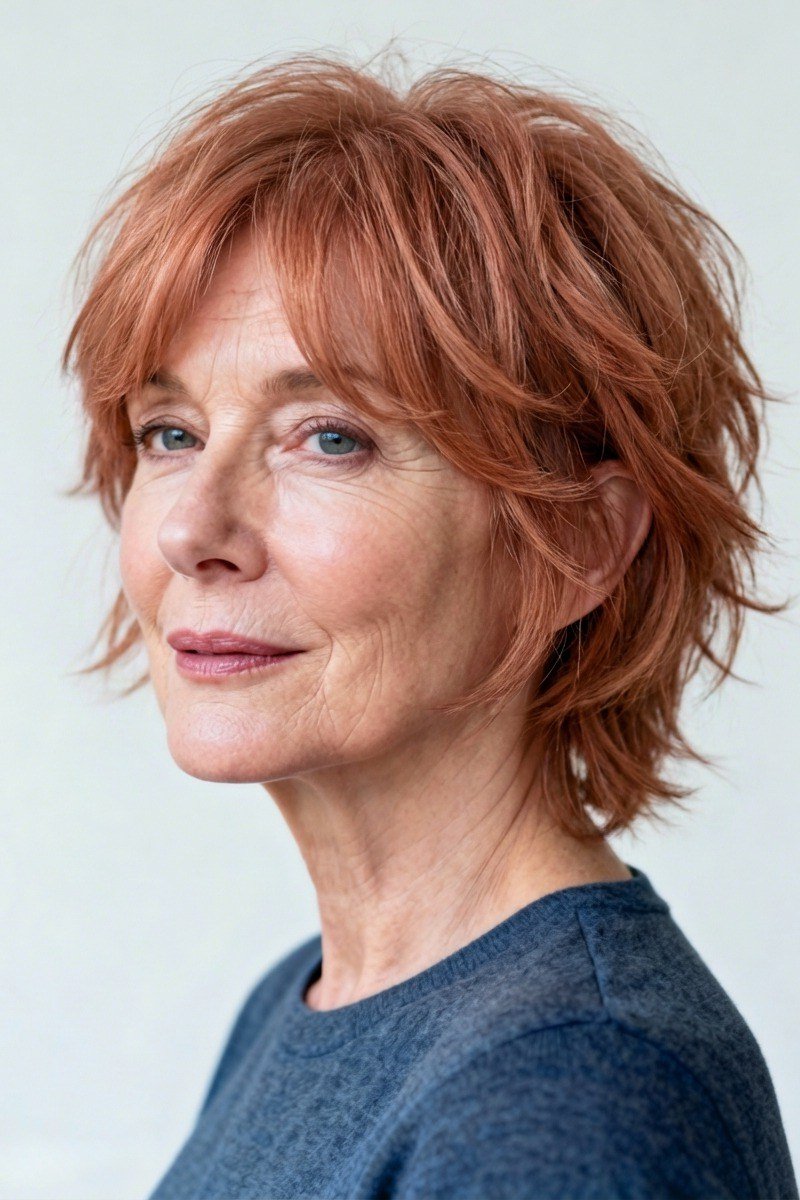 Copper wavy bixie haircut front view for women over 60